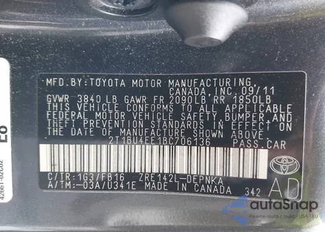 2011 Toyota Corolla Le из США, поврежденный, VIN 2T1BU4EE1BC706136